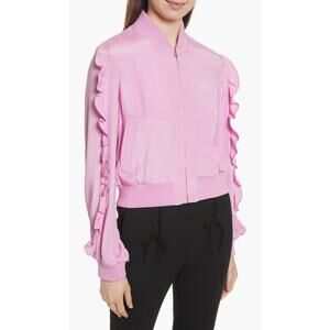 TIBI Ruffle Silk Bomber Jacket Womens Small Pink Purple Long Sleeve Cropped